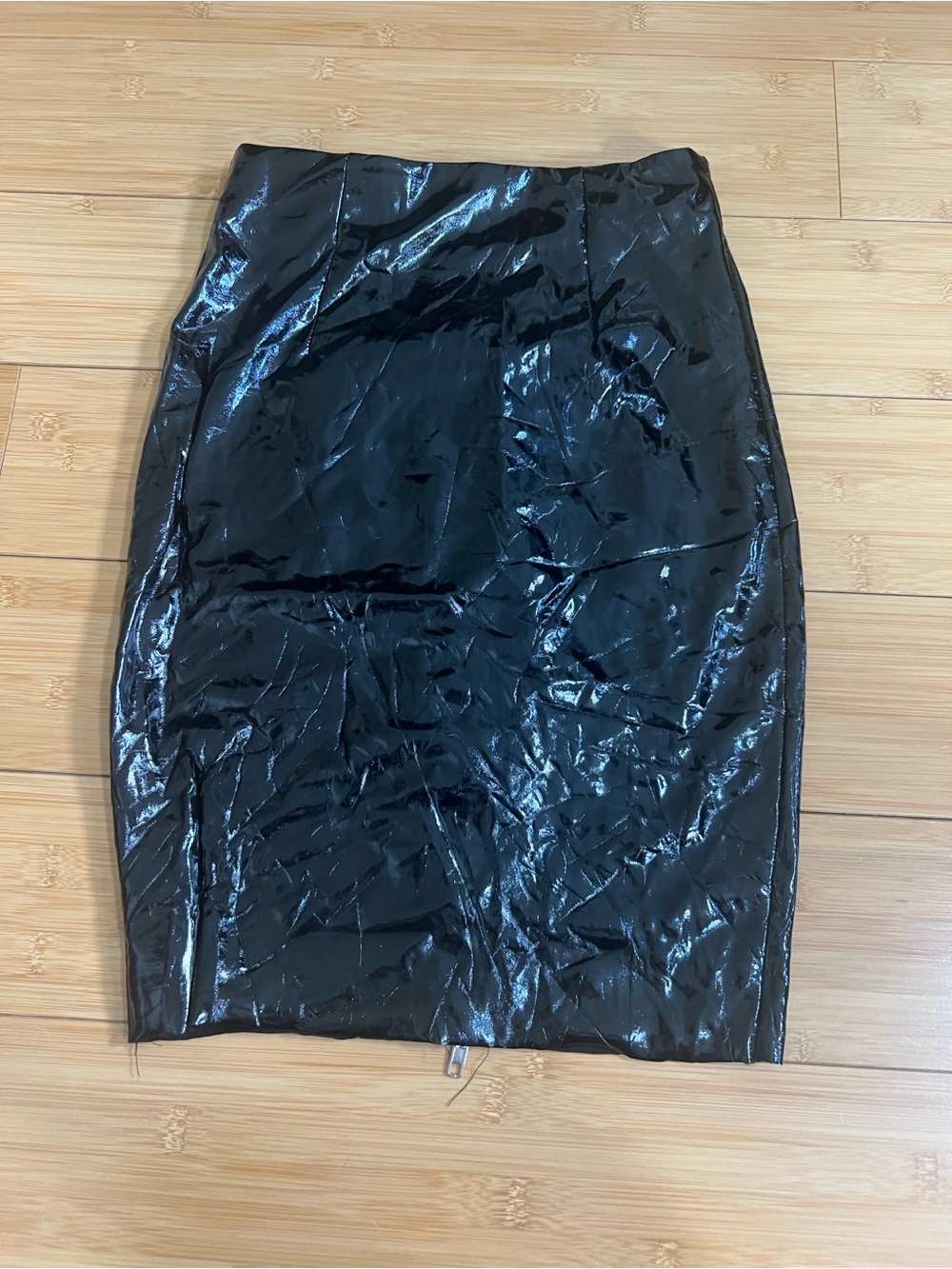 WinWin Black PU Leather Bodycon Midi Skirt S High Shine Wet Look Crinkle Cyber